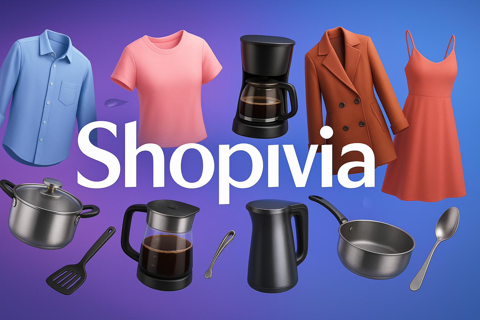 create a modren 3d and digital banner for shopivia with some products like colths kitchen item etc